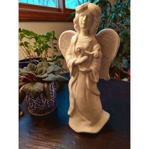 Large Crackle Glaze Ceramic‎ Angel Figurine With Harp And Wings In White